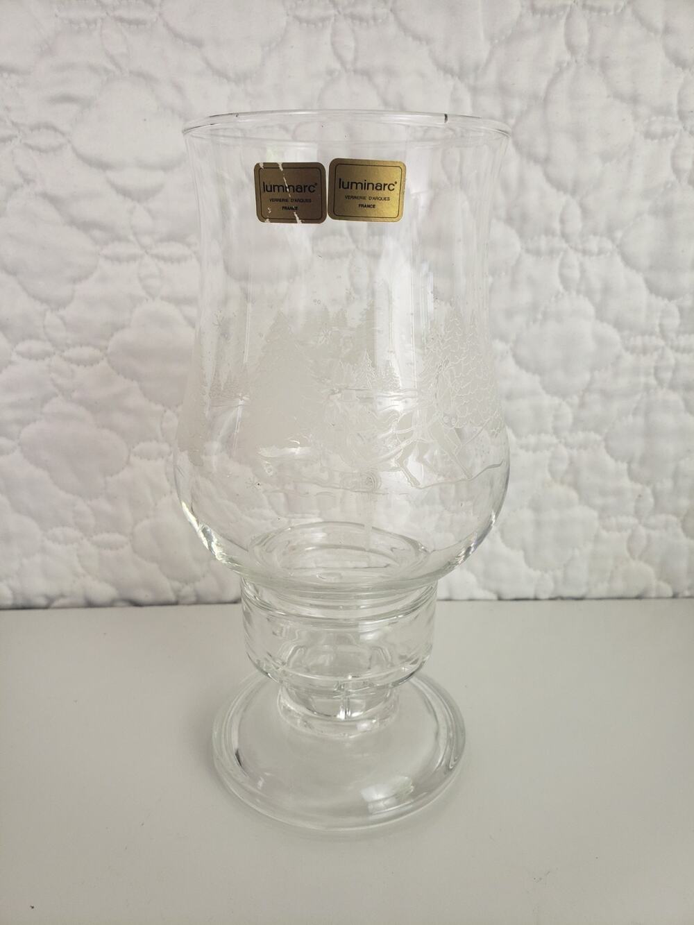 Luminarc Christmas Holiday Sleigh Etched Glass Candle Hurricane Holder Lamp